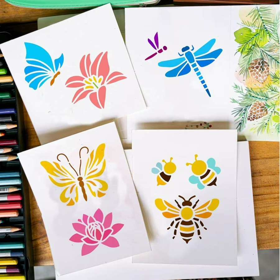 9 Stück Blumen-Malschablonen Set mit Pinsel für DIY-Projekte, Motive: Rosen, Lilien, Tulpen, Schmetterlinge, Bienen und Libellen, B/B: 15 x 15 cm - Bild 3