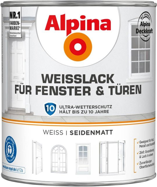 Alpina Weißlack für Türen und Fenster in Weiß seidenmatt, wasserbasiert und wetterfest, 2 l - Bild 1