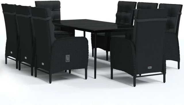 vidaXL 9-teilige Garten-Essgruppe aus PE-Rattan und pulverbeschichtetem Stahl mit Glasplatte und Kissen in Schwarz, B/T/H: 200 x 100 x 74 cm - Bild 1