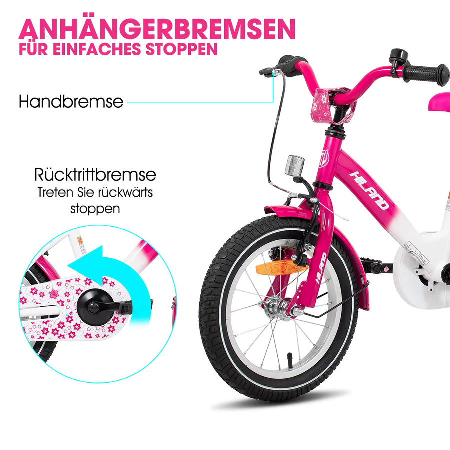 HILAND Kinderfahrrad Mädchenfahrrad, mit Stützrädern, Handbremse, Rücktrittbremse, Gepäckträger - Bild 4