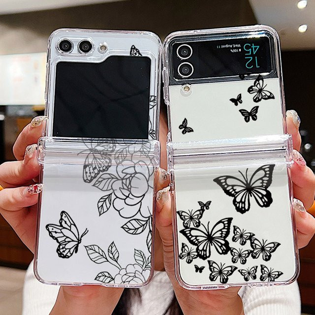 YISHANGOU Schmetterling und Blumen Schutzhülle für Samsung Galaxy Z Flip 7 6 5 4 transparent stoßfeste Hart-PC Abdeckung - Bild 1