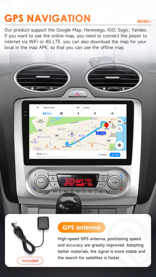 Hizpo Android Auto Multimedia Video Player mit GPS und 4G für Ford Focus 2 3 Mk2/Mk3, Farbe: Schwarz - Bild 3