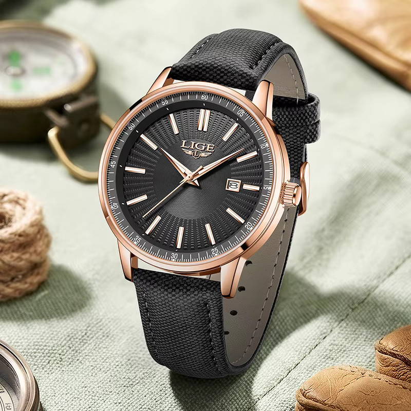 LIGE Armbanduhr, Chronograph, Quarz, Leder, Schwarz, Roségold, Herren - Bild 4