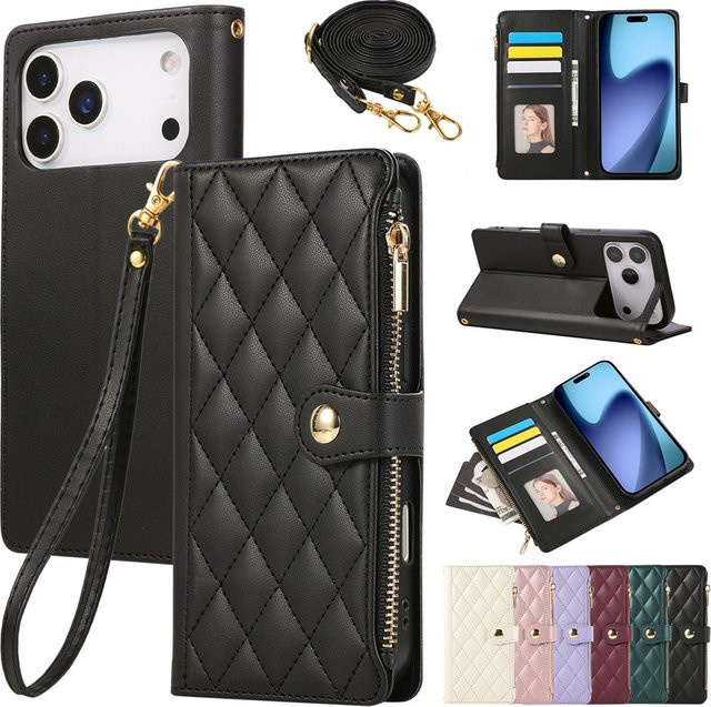 SZMUGUA Handyhülle aus PU-Leder mit Kartenhalter und Umhängetasche inklusive Handschlaufe für iPhone, verfügbar in Schwarz und Lila - Bild 1