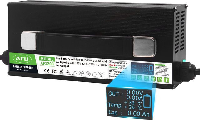 AFU Lithium-Ionen-Akku-Ladegerät mit LCD-Display und Wärmeableitung, 100,8 V 10 A, USB-Anschlüsse, Schwarz - Bild 1