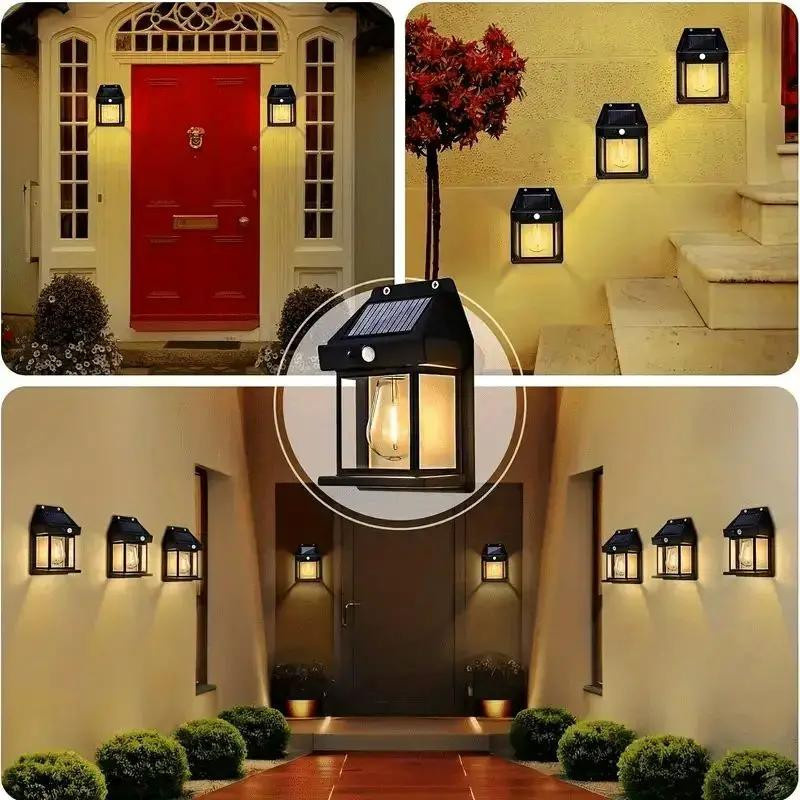 Kebidumei Solar Wandleuchte Retro Design mit Bewegungssensor IP65, LED Wolfram-Optik, Schwarz, B/T/H: 17,0 x 12,0 x 12,0 cm - Bild 5