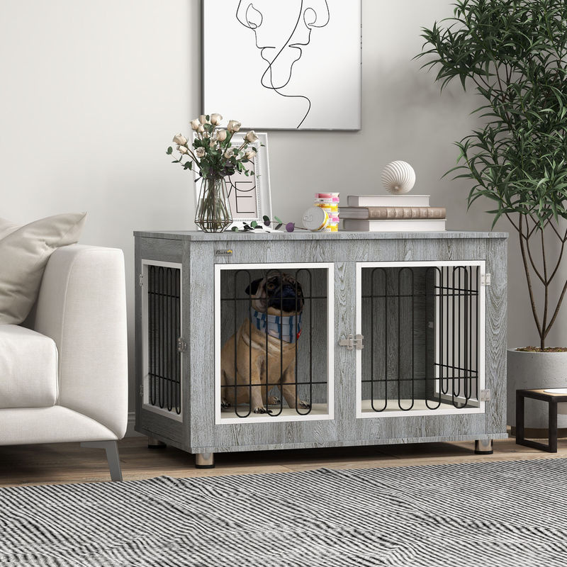PawHut Hundekäfig mit Kissen und Doppeltüren für mittelgroße Hunde, Grau, B/T/H: 90 x 58 x 65 cm - Bild 2