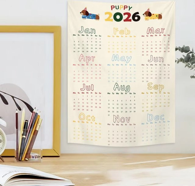 Moderner Wandteppich mit Kalender 2026 und Tiermotiven in Mehrfarbig, Textil, Breite: 60 cm, Höhe: 40 cm - Bild 1