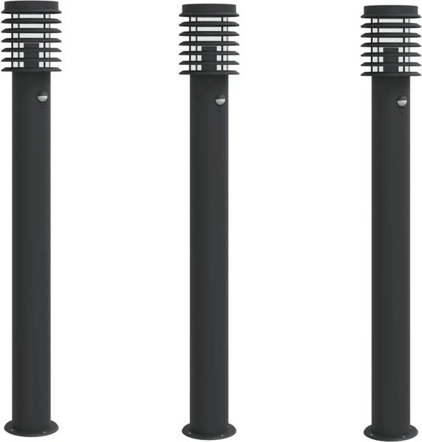 vidaXL Wegeleuchten mit Bewegungsmelder Set aus Edelstahl und Kunststoff, 3 Stück, Schwarz, Höhe: 110 cm - Bild 1