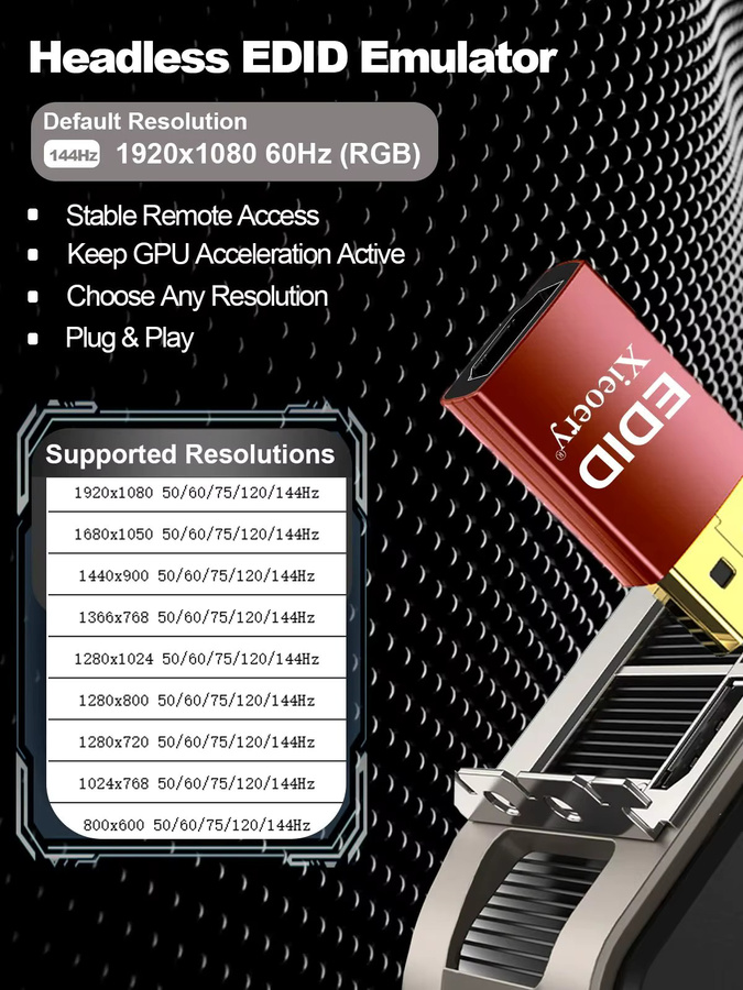 Xieoery HDMI EDID Emulator Dummy-Stecker für 1080P 60Hz RGB und Remote Desktop mit 120Hz/144Hz Unterstützung - Bild 5