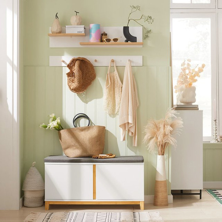 SoBuy Schuhbank FSR117 mit Sitzfläche und Stauraum aus MDF und Bambus in Weiß