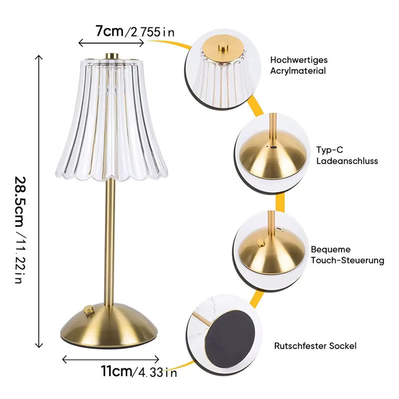 Lyfs Wiederaufladbare LED Tischlampe mit Touch-Funktion aus Glas und Metall in Gold/Messing, Warmweißes Licht, Transparent - Bild 6