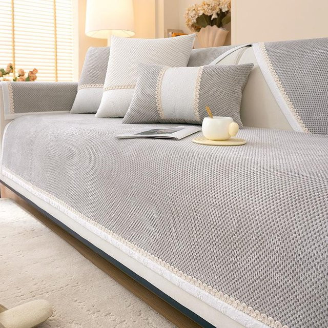 Cremefarbener Sofakissenbezug aus Chenille, quadratisch, B/B: 70 x 70 cm - Bild 1