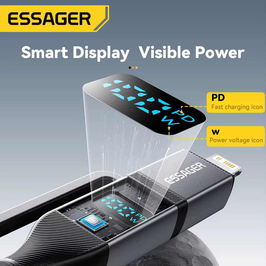 Essager 4 in 1 USB-C-Kabel mit digitalem Display, 100 W Schnellladefunktion und Beleuchtung für iPhone, Huawei, Xiaomi, MacBook und iPad, Farbe: Schwarz oder Grau - Bild 3