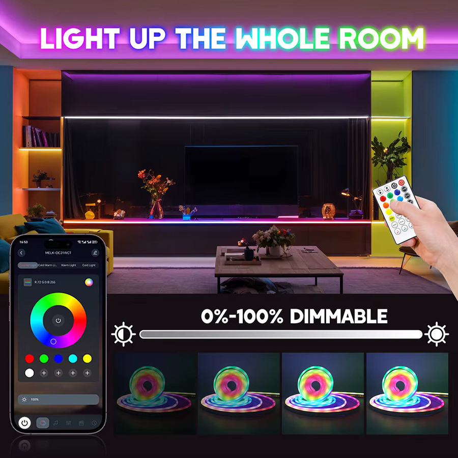 KISUFU RGBCCT Neon-LED-Streifenlicht mit Bluetooth und 28-Tasten-Fernbedienung, Wasserdichtes RGBWW Neon Flex Band mit 108 LED/m, 5V USB-Anschluss, Multicolour - Bild 4