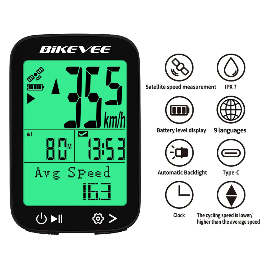 Bikevee GPS-Fahrradcomputer in Schwarz, wasserdichter kabelloser Fahrrad-Tachometer mit multifunktionalem Kilometerzähler und Tracker - Bild 2