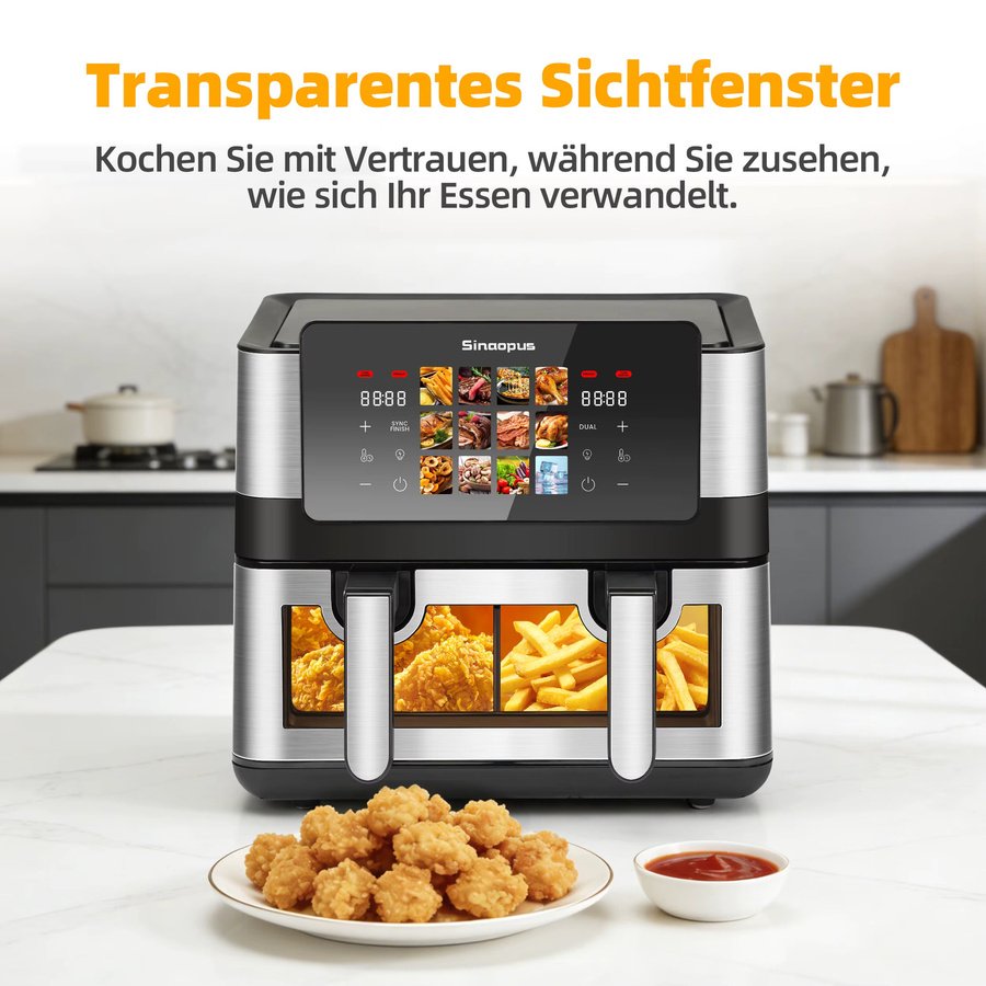 Sinaopus Dual-Korb Heißluftfritteuse mit 8,5L Volumen, 2000W, LED-Touchscreen, Sichtfenster und 12 Programmen, Schwarz - Bild 3