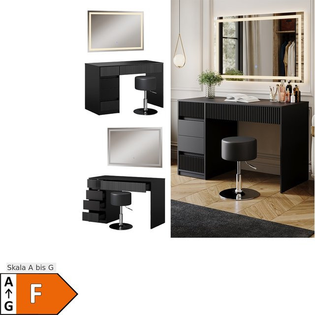 Vicco Schminktisch Omira Schwarz mit LED-Spiegel und Hocker, Breite: 120 cm, Tiefe: 55 cm, Höhe: 76 cm - Bild 1
