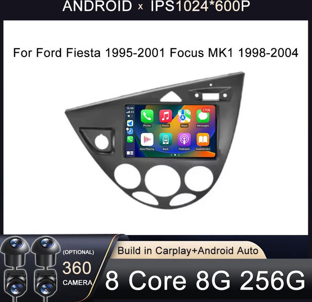 KJ-NAVI Android 16 Multimedia Autoradio mit 7 Zoll Display für Ford Fiesta 1995-2001 und Focus MK1 1998-2004, Stereo Carplay Head Unit, Schwarz - Bild 1