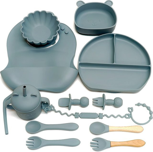 Bneseus 13-teiliges Kinder-Silikon-Geschirr-Set in Rot mit Saugnapf-Schüssel und Trinkbecher mit Strohhalm für Babys - Bild 1