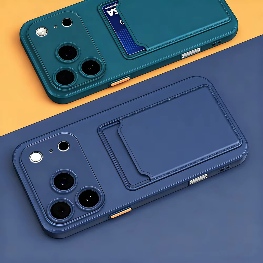 EIENACOCO Silikon Handyhülle mit Kartenhalter und Kartenfach für iPhone 17 16 15 14 13 12 Pro Max Plus stoßfest in Pink und Blue - Bild 1