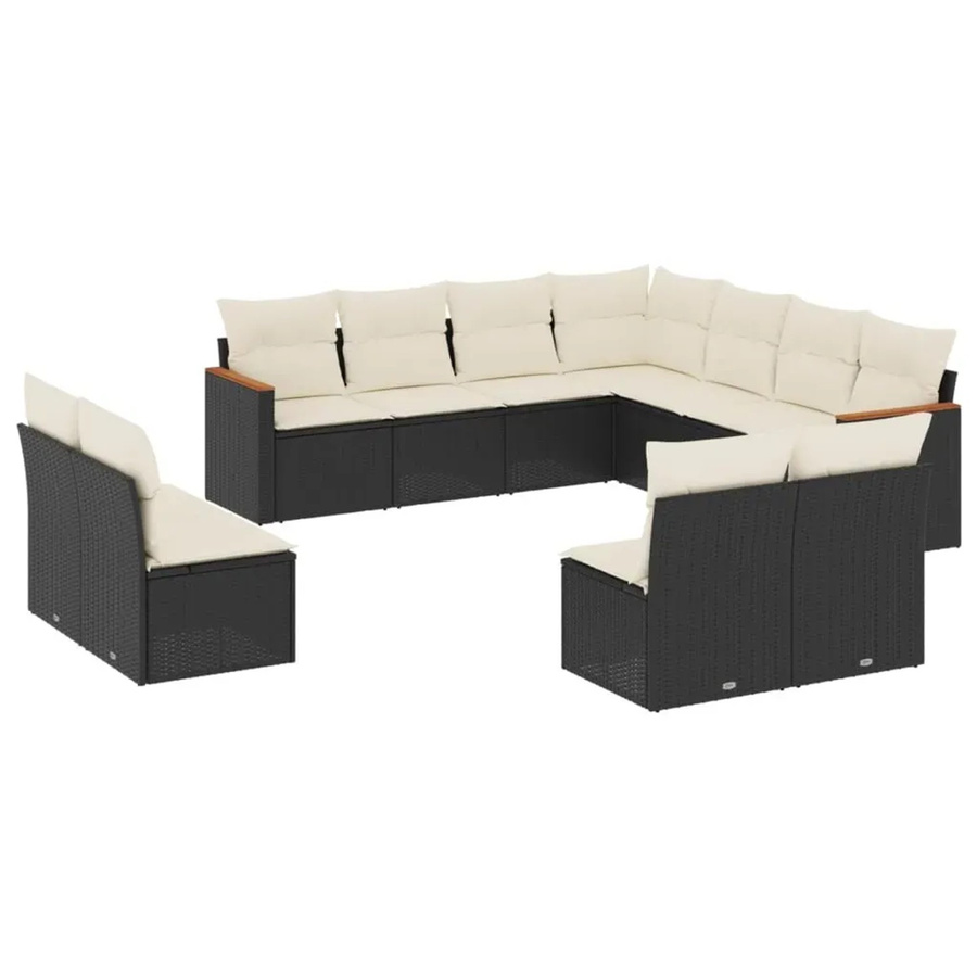 vidaXL 11-tlg. Garten-Sofagarnitur aus Poly-Rattan und Akazienholz in Schwarz mit Kissen und Stauraum - Bild 2