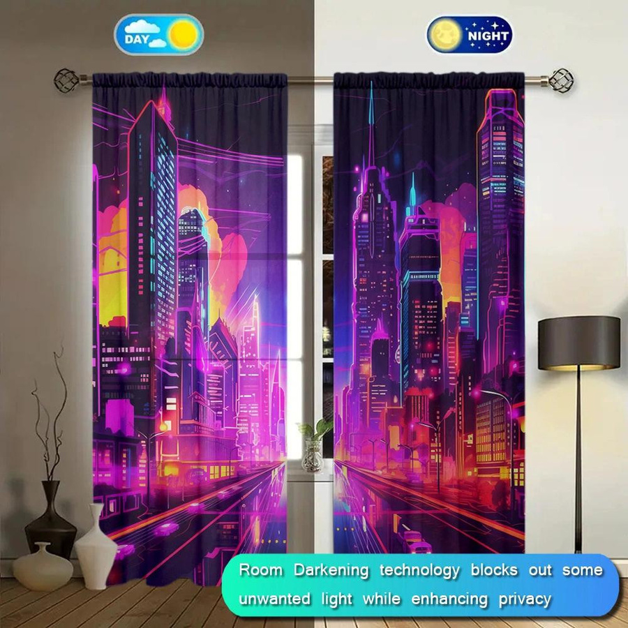 Zukunftsstadt Gemälde Vorhang aus Polyester für Wohnzimmer Küche und Schlafzimmer, Multicolor, Breite: 100 cm, Höhe: 70 cm, 2er-Set - Bild 3