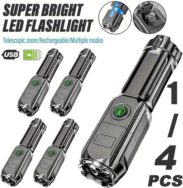XIWANGFIRE Taktische LED-Taschenlampe aus Aluminium, USB wiederaufladbar, wasserdicht mit Zoom-Funktion, Schwarz - Bild 1