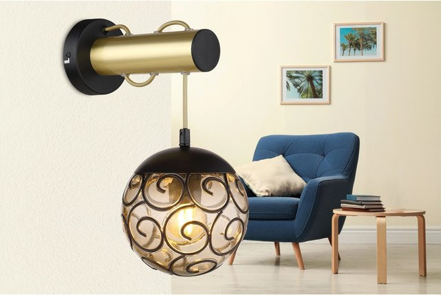 Globo Wandlampe Fitz 1-flammig Schwarz matt-Gold mit rauchfarbenem Glas, B/H: 15,0 x 34,5 cm - Bild 1