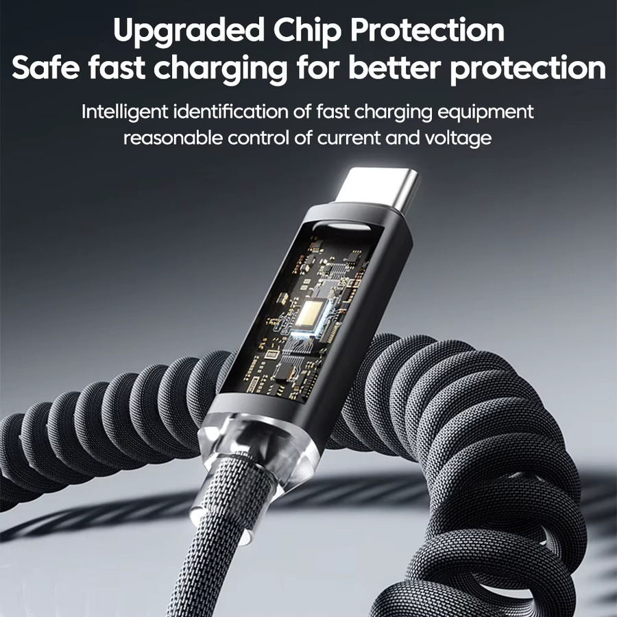 120W Auto-Spiral-Datenkabel mit Digitalanzeige, einziehbares USB-C-auf-Typ-C-Ladekabel in Schwarz für iPhone 15, Samsung, Huawei und Xiaomi - Bild 3