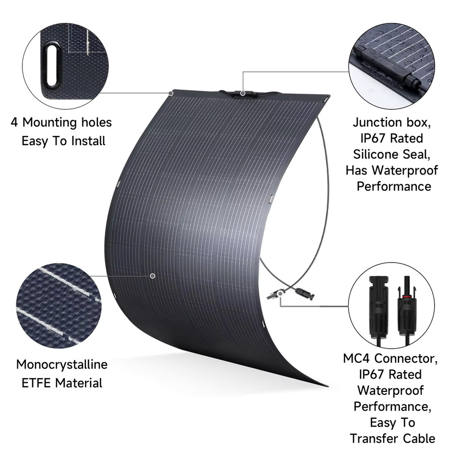 ALLPOWERS Balkon-Kraftwerk mit flexiblem Solarpanel 200W/100W, IP68 Solarladegerät Photovoltaik 12V/32V für Wohnmobil und Camping, Schwarz - Bild 3