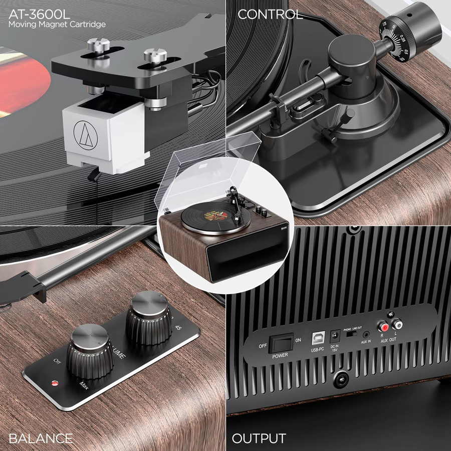 XJ-HOME XJ-H01 All-in-One-Schallplattenspieler mit Bluetooth und HiFi-Stereo-AT-3600L-Stylus in Braun - Bild 3