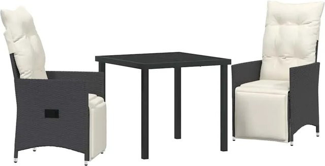 vidaXL Garten Essgruppe aus Poly Rattan und Stahl in Schwarz mit Kissen und Sicherheitsglas, 3-teilig - Bild 1