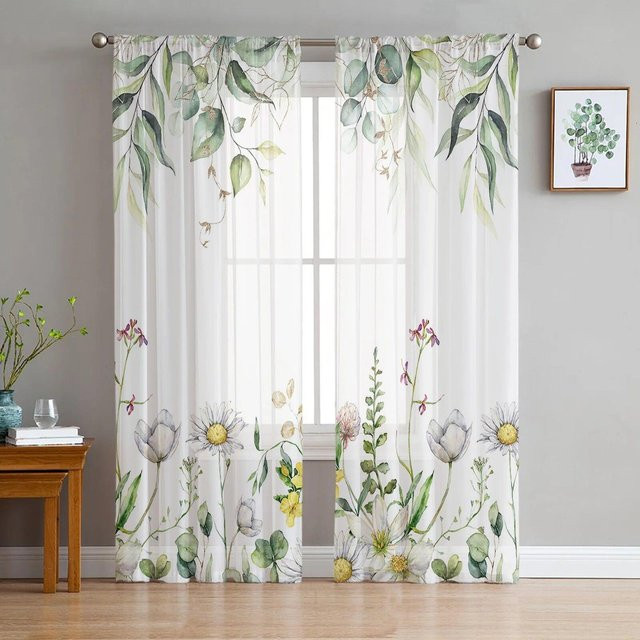 Transparentes Voile Tüll Vorhang mit floralem Pflanzenmuster von A Family Of Home Textiles, Farbe Weiß, B: 135 cm, H: 137 cm - Bild 1