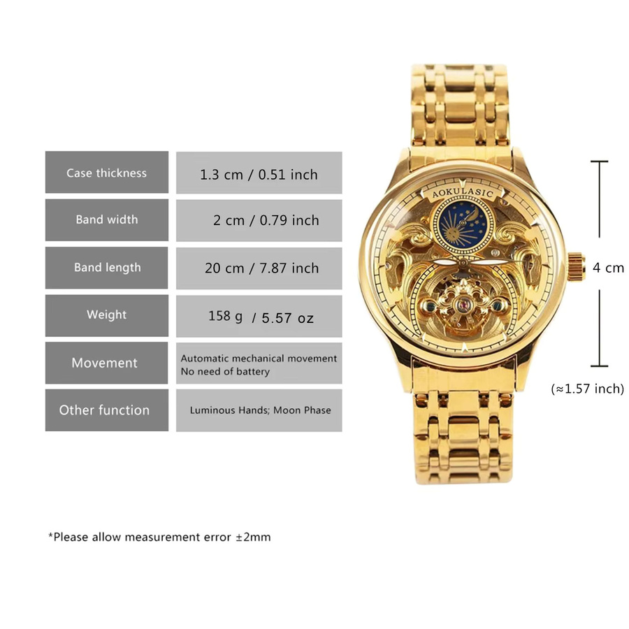 AOKULASIC Armbanduhr, Automatik, Gold, Edelstahl, Mondphase, Herren - Bild 6