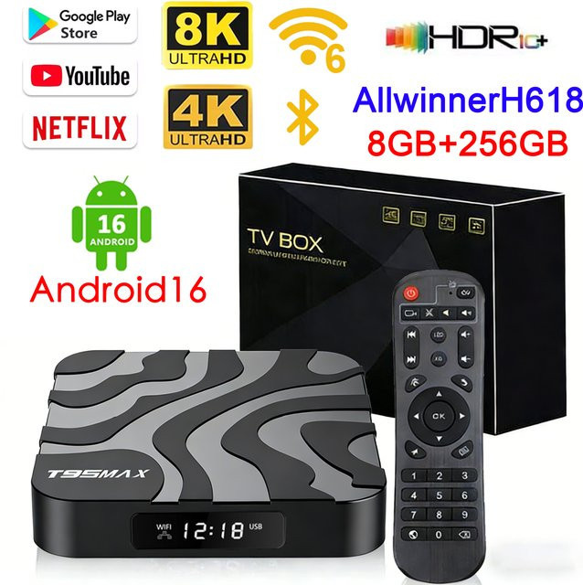 UOSU T95Max Smart TV Box mit Android 16, Allwinner H618 Prozessor, 8GB RAM, 256GB ROM, Dual WLAN, Bluetooth 5.4, Netflix und Google, 4K 8K HD Unterstützung, Schwarz - Bild 1