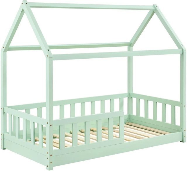 Juskys Kinderbett Marli Hausbett aus Kiefernholz mit Dach und Rausfallschutz, Mint, B/T/H: 160 x 80 x 143 cm - Bild 1