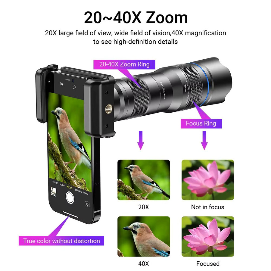 Apexel Teleobjektiv für Smartphones mit 20-40x Zoom und ausziehbarem Stativ, Schwarz - Bild 3