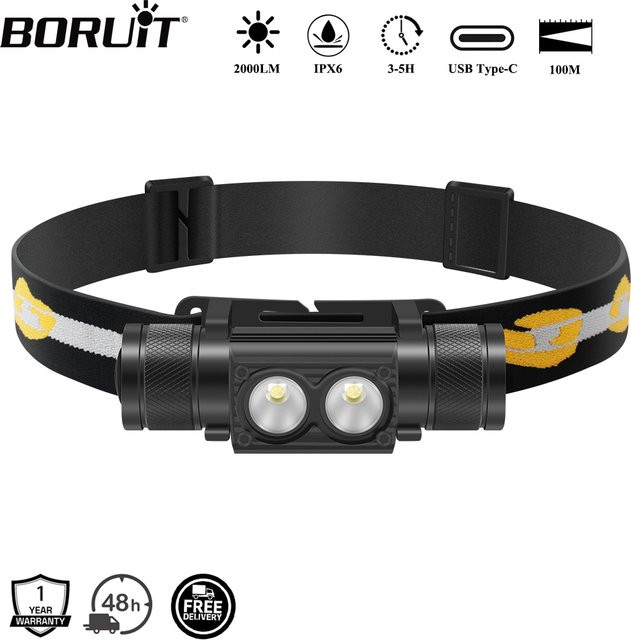 BORUiT D25 Dual-LED-Stirnlampe in Schwarz mit 2000 lm, wiederaufladbarer 18650 Akku und USB-C Anschluss, wasserdichte Stirnlampe für Camping und Angeln - Bild 1