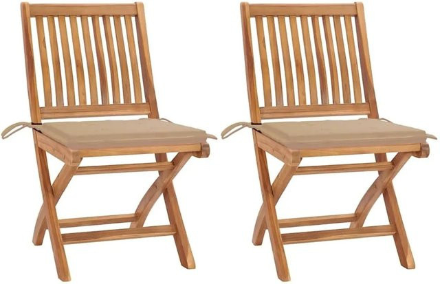 vidaXL Gartenstuhl Set aus Teak Massivholz mit beigen Polsterkissen, 2er Set - Bild 1