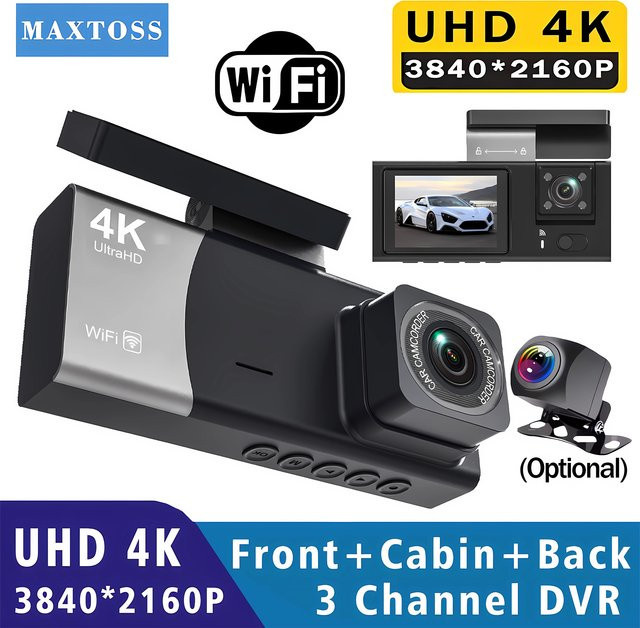Maxtoss 3-Kanal 4K Dash Cam mit integriertem Wifi, 2160P Auto DVR mit Super Nachtsicht und 24H Parkmodus, inklusive Rückfahrkamera, Schwarz - Bild 1