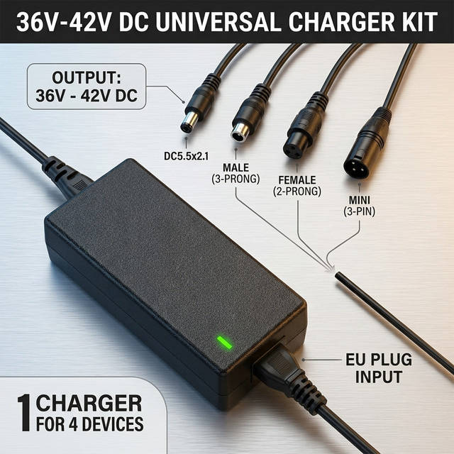 Universelles Akkuladegerät 36V 42V 2A mit 4-in-1 Adapterkabel für Xiaomi, Lime und Hoverboard in Schwarz mit EU-Stecker - Bild 1