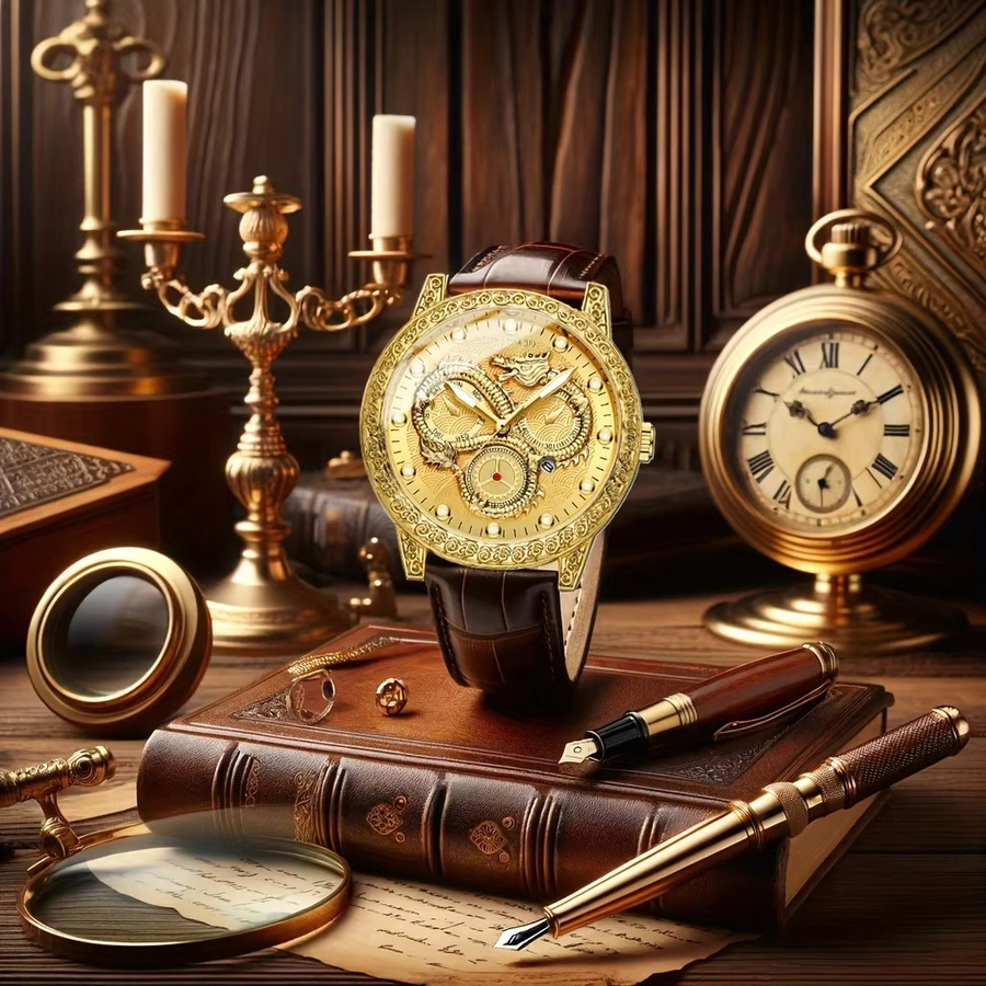 Armbanduhr Herren, Quarz, Gold, Leder, Leuchtzeiger - Bild 3