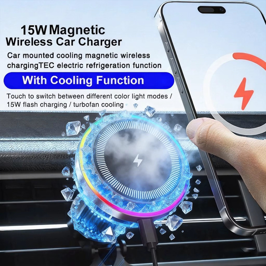 UYUXIO Magnetischer kabelloser Auto-Ladeadapter mit TEC-Kühlung, 15W Schnellladestation und Autohalterung für iPhone, Schwarz - Bild 3