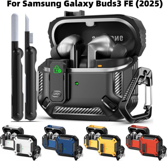 Kohlefaser-Schutzhülle für Samsung Galaxy Buds 3 FE, Buds3 Pro und Buds 3 in Schwarz inklusive Reinigungsset und Schlüsselanhänger - Bild 1