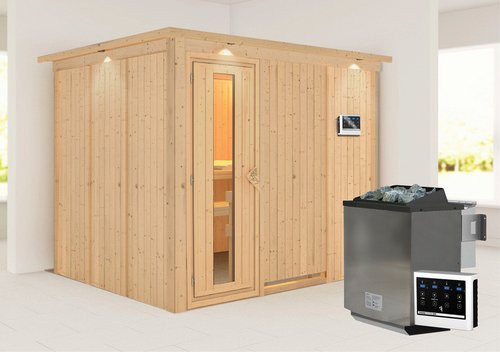 Karibu Sauna Jöhvi Bio-Kombi-Sauna aus Fichtenholz für 4 Personen inkl. 9 kW Saunaofen mit externer Steuerung, beige, B/T/H: 245 x 210 x 202 cm - Bild 1