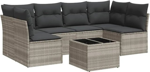 vidaXL 7-tlg Garten-Sofagarnitur aus Polyrattan in Hellgrau mit Kissen und Couchtisch - Bild 1