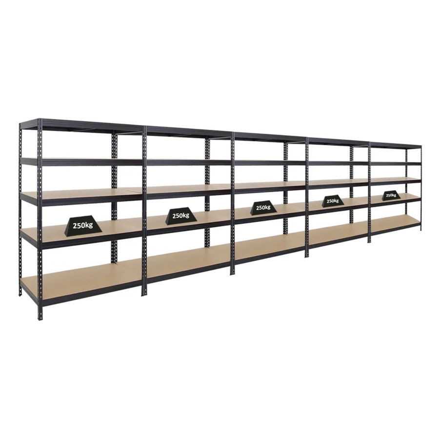 5er Set PROREGAL Schwerlastregal Rivet aus Stahl und MDF-Holzplatten, Schwarz, H x B x T: 180 x 120 x 60 cm - Bild 2