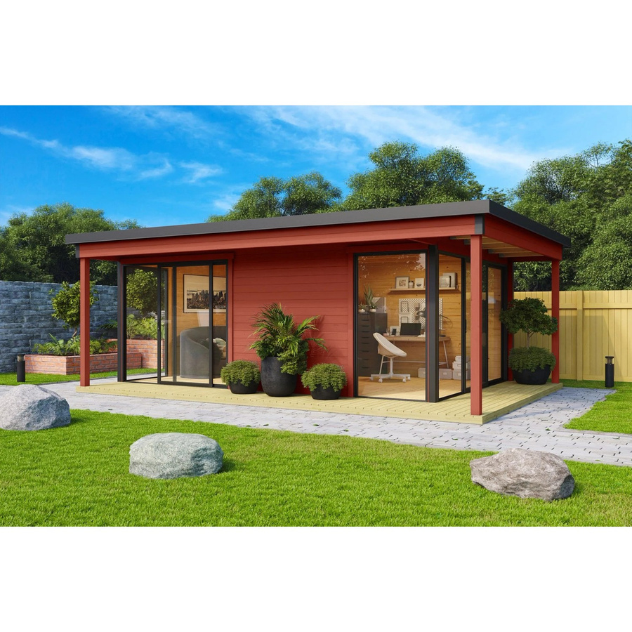 Lasita Holz-Gartenhaus Domeo 3 mit Loggia und Flachdach in Schwedenrot, Blockbohlenbauweise, Breite: 508,8 cm, Tiefe: 321,9 cm, Höhe: 239,4 cm - Bild 2