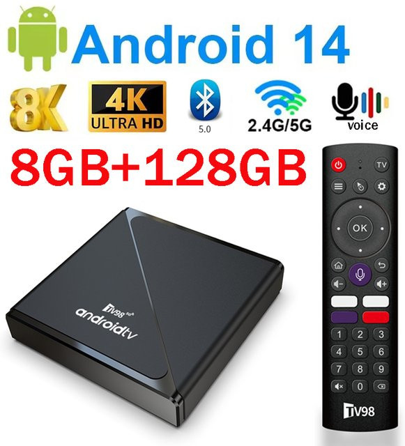 CLIBABIQBOX TV98 ATV Pro Smart TV-Box mit Android 14, 8GB RAM, 128GB Speicher, 4K 8K Unterstützung, Allwinner H313 Prozessor, Bluetooth 5.0, WLAN, 4G 5G und Sprachfernbedienung in Schwarz - Bild 1